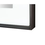 Close-up of the bottom right corner of the Lexington 72 inch x 36 inch LED Lighted Slim Frame Mirror, featuring a black frame, clear glass, and a white background.