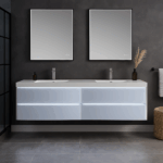 Modern bathroom with a black wall, two rectangular mirrors above a Jena 60 inch wall mount double vanity with LED lights, dark accessories, a towel on a rack, and a woven basket on the floor.