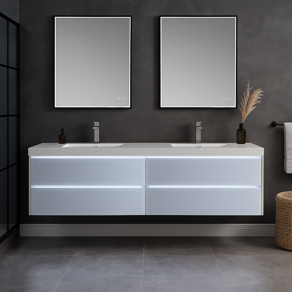 Modern bathroom with a black wall, two rectangular mirrors above a Jena 60 inch wall mount double vanity with LED lights, dark accessories, a towel on a rack, and a woven basket on the floor.