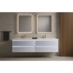 Modern bathroom with a Jena 72 inch Wall Mount Double Vanity with LED Lights, two illuminated rectangular mirrors, a dark hand towel on the left wall, and vertical wooden slats on the right. Neutral, minimalist design with clean lines.