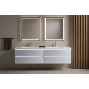 Modern bathroom with a Jena 72 inch Wall Mount Double Vanity with LED Lights, two illuminated rectangular mirrors, a dark hand towel on the left wall, and vertical wooden slats on the right. Neutral, minimalist design with clean lines.