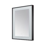 A Lexington 30 inch x 36 inch LED Lighted Slim Frame Mirror with a black frame and frosted border, shown wall-mounted and photographed at an angle against a white background.