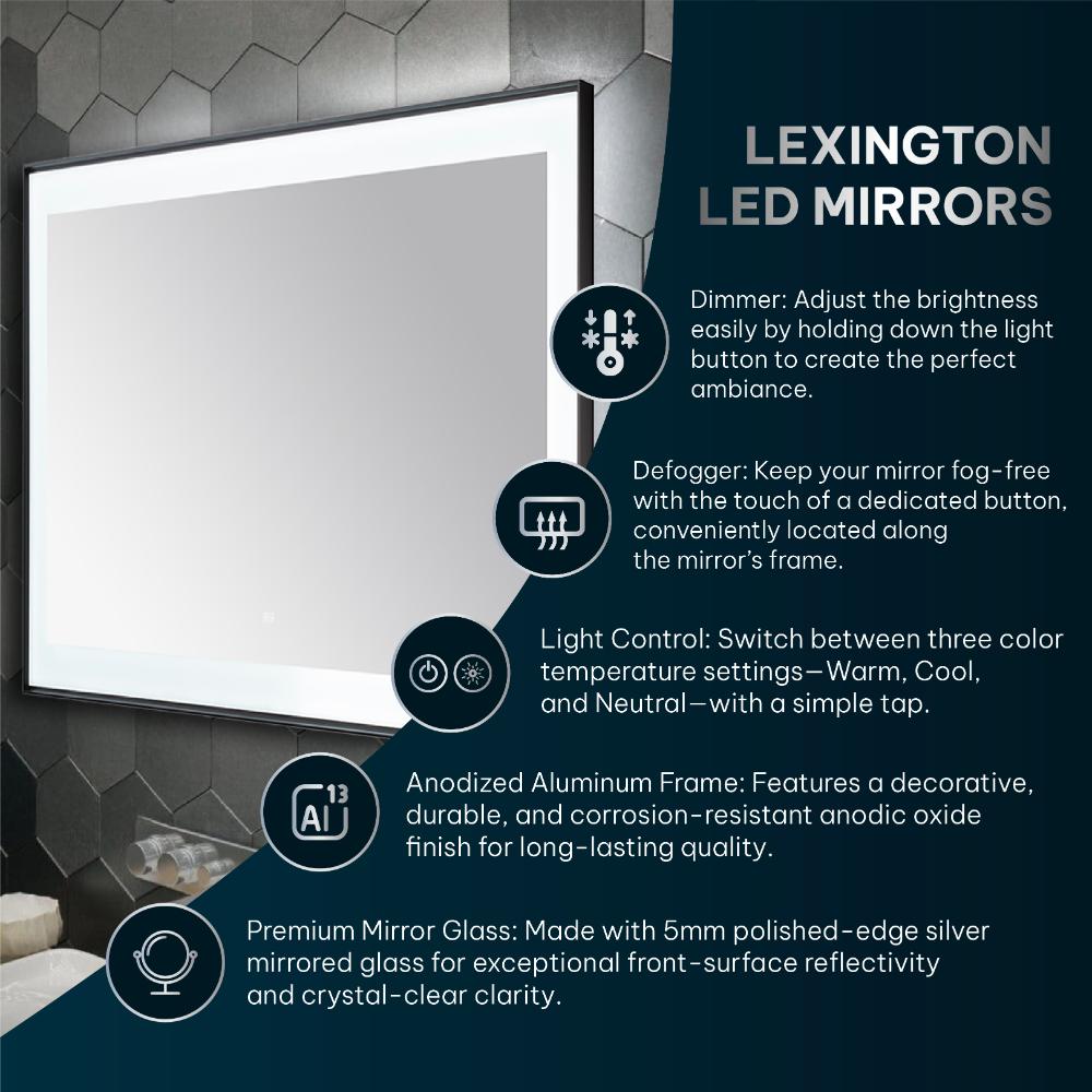 The Lexington LED Lighted Slim Frame Mirror is displayed on a bathroom wall, with icons and text highlighting its dimmer, defogger, light control, anodized aluminum frame, and 5mm premium mirror glass features.