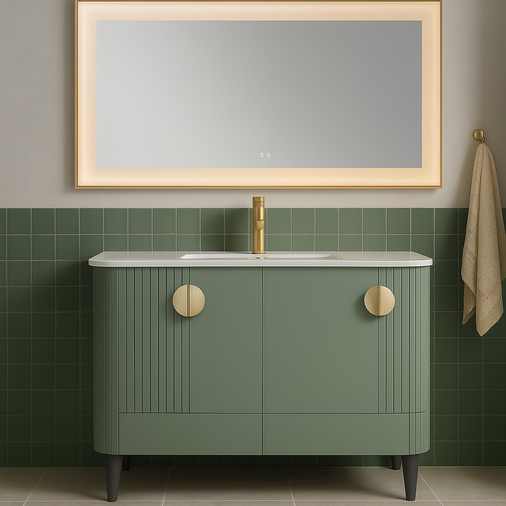 A modern bathroom vanity with a green cabinet, gold handles, and white countertop sits below the Lexington 72 inch x 36 inch LED Lighted Slim Frame Mirror. Green tiles and a beige towel add color to the wall.