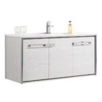 The Oakville 48 inch Modern Bathroom Vanity features a modern white design with a sink, chrome faucet, soap dispenser, two glasses, and three cabinet doors with sleek metal handles.