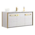The Oakville 48 inch Modern Bathroom Vanity in white includes gold handles and trim, a built-in sink, gold faucet, and is accessorized with two clear glasses and a soap dispenser on the countertop.