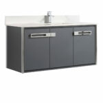 The Oakville 48 inch Modern Bathroom Vanity is a wall-mounted piece with a white countertop, integrated sink, and three dark gray cabinet doors, each equipped with a sleek rectangular silver handle.
