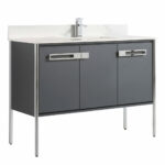 The Oakville 48 inch Modern Bathroom Vanity includes a white countertop with integrated sink, gray cabinet doors, sleek horizontal metal handles, sturdy metal legs, and a right-side mounted single-lever faucet.