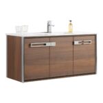The Oakville 48 inch Modern Bathroom Vanity features a wall-mounted design, wood finish, white countertop with rectangular sink, chrome faucet, two glasses, soap dispenser, and sleek metal handles on drawers and doors.