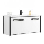 The Oakville 48 inch Modern Bathroom Vanity is white with black handles and trim, a white countertop, black faucet, two clear glasses, a soap dispenser, and two cabinet doors.