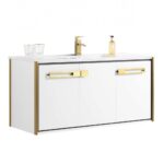 The Oakville 48 inch Modern Bathroom Vanity is a sleek, white floating vanity with gold accents, two large doors and rectangular gold handles, plus a gold faucet, two clear glasses, and a soap dispenser on top.