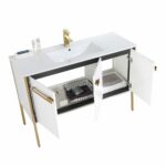 The Oakville 48 inch Modern Bathroom Vanity showcases a modern white design with gold accents, built-in sink, open cabinet doors revealing shelves for towels and toiletries, and a sleek gold faucet.