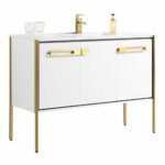 The Oakville 48 inch Modern Bathroom Vanity features white cabinets with gold handles and legs, a modern countertop with a gold faucet, two clear glasses, and a soap dispenser for a sleek, stylish bathroom update.