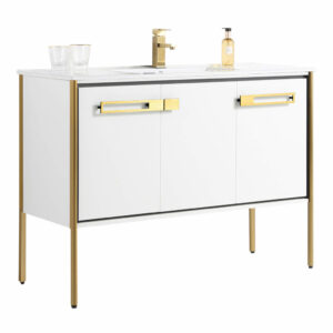 The Oakville 48 inch Modern Bathroom Vanity features white cabinets with gold handles and legs, a modern countertop with a gold faucet, two clear glasses, and a soap dispenser for a sleek, stylish bathroom update.