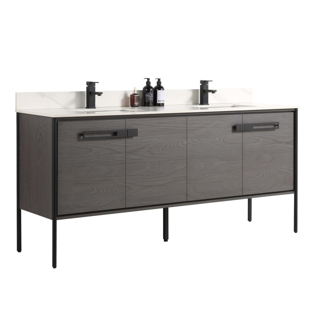 The Oakville 72 inch Modern Bathroom Vanity features a double sink design, dark wood finish, black handles, white countertop, dual faucets, and bottles arranged between the sinks.
