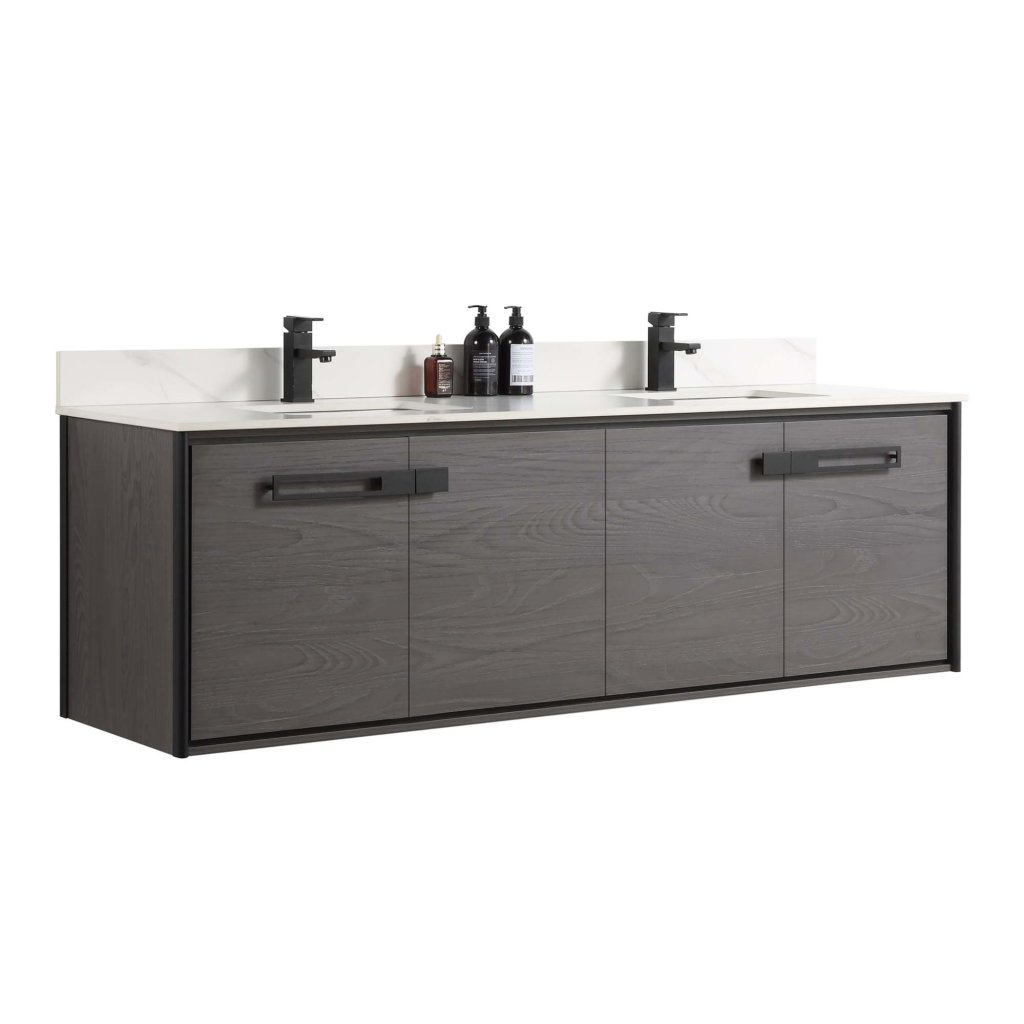 A modern floating bathroom vanity with a white countertop, dual black faucets, three central cabinets, and dark wood finish. Several dark-colored bottles are placed between the sinks.