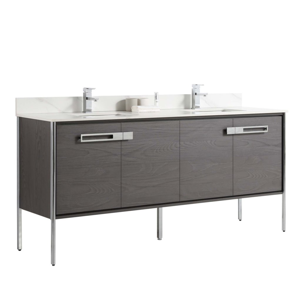 The Oakville 72 inch Modern Bathroom Vanity offers a double-sink design, gray wood finish, chrome hardware and legs, two faucets, and a white countertop with backsplash.