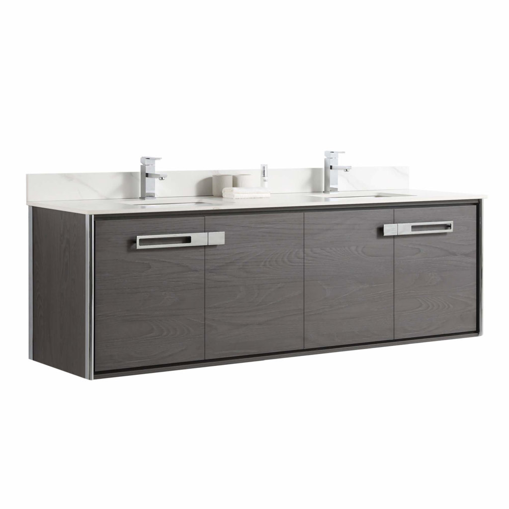 The Oakville 72 inch Modern Bathroom Vanity features a dark wood finish, floating design, four cabinet doors, white countertop, two rectangular sinks, chrome faucets, and a marble backsplash.