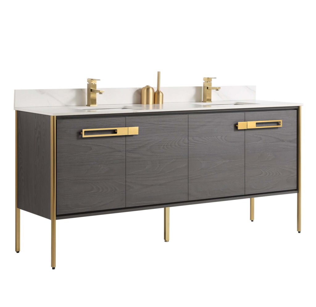 The Oakville 72 inch Modern Bathroom Vanity showcases a double-sink design in dark wood with gold hardware and faucets, complemented by a white countertop and backsplash.