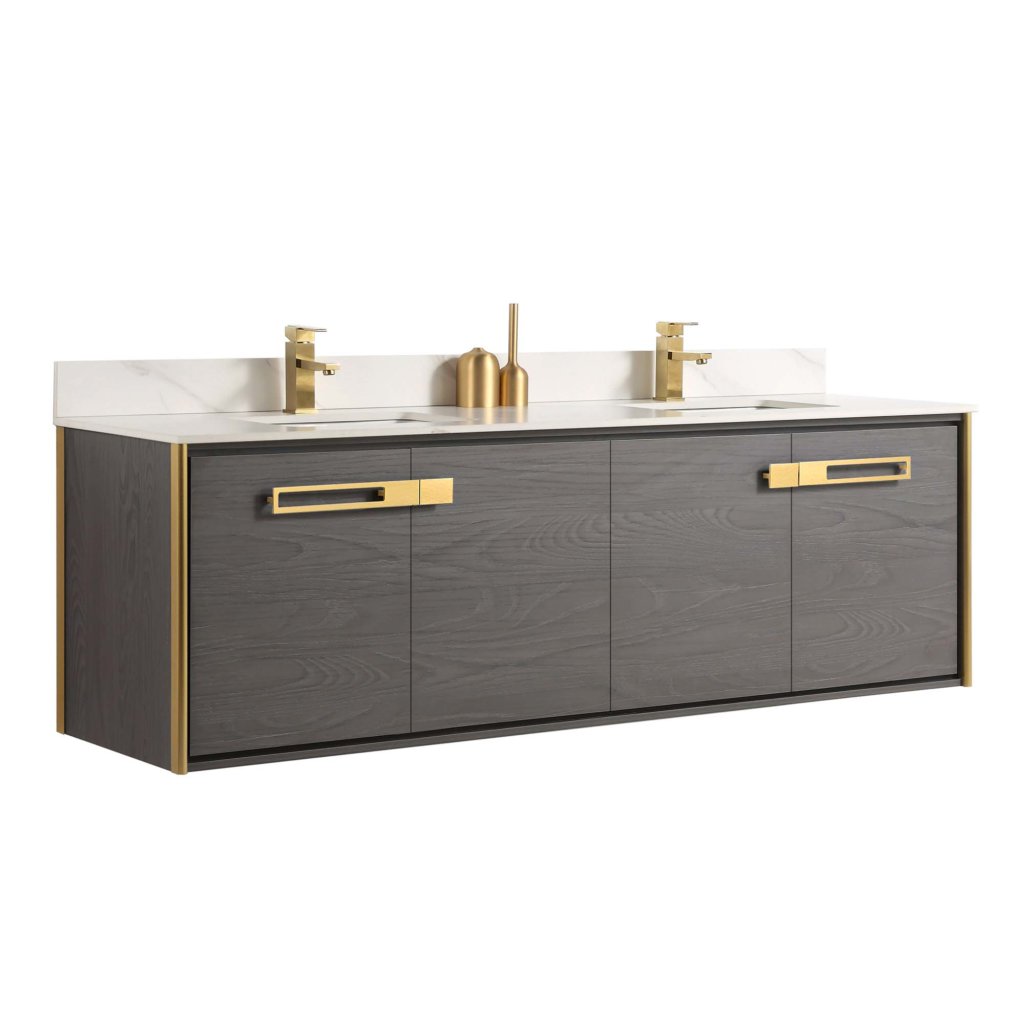 The Oakville 72 inch Modern Bathroom Vanity features a dark wood finish, gold hardware, dual sinks with gold faucets, and a white marble backsplash, bringing luxurious style to any bathroom.