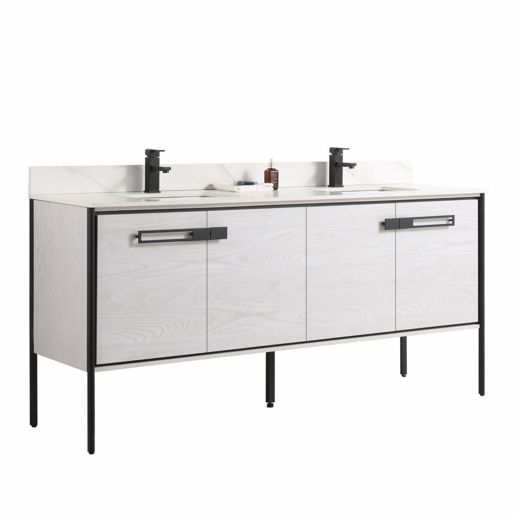 The Oakville 72 inch Modern Bathroom Vanity showcases a double-sink design, white wood finish, black metal legs and hardware, four cabinet doors, a sleek white countertop, plus soap dispenser and toothbrush holder.