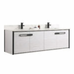 The Oakville 72 inch Modern Bathroom Vanity features a white wood finish, black handles and trim, dual sinks with black faucets, and a sleek wall-mounted design with minimal countertop accessories.
