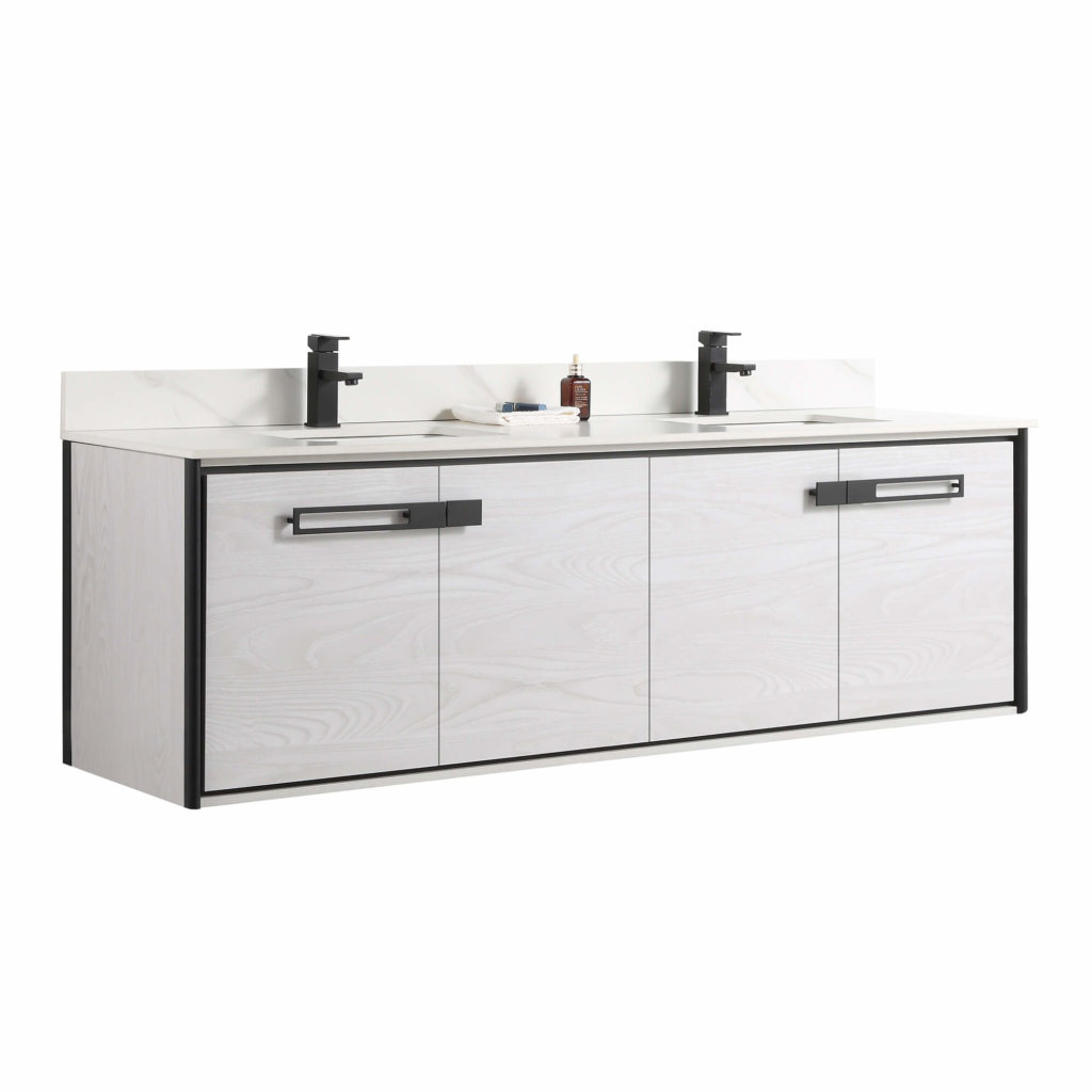 The Oakville 72 inch Modern Bathroom Vanity features a white wood finish, black handles and trim, dual sinks with black faucets, and a sleek wall-mounted design with minimal countertop accessories.