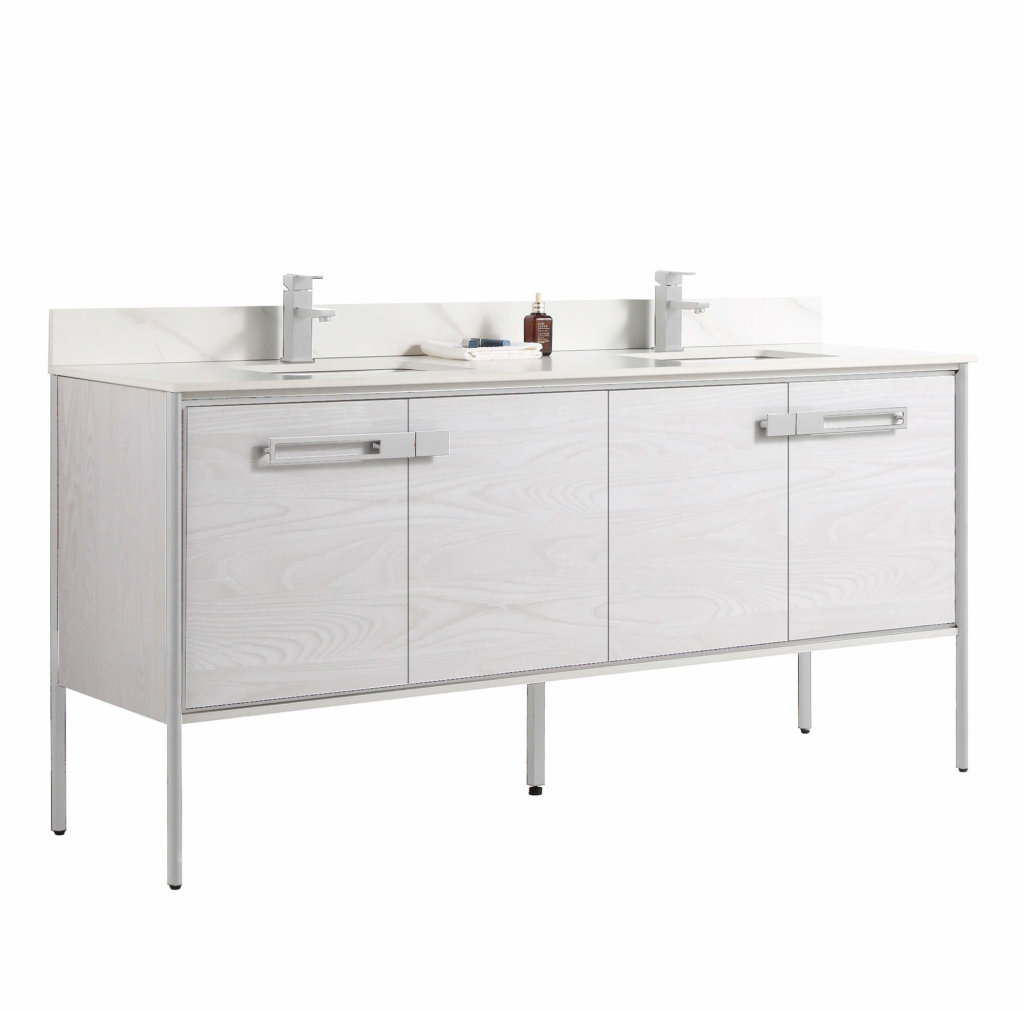 The Oakville 72 inch Modern Bathroom Vanity features a white wood finish, flat-panel doors, two drawers with silver handles, and a white countertop with double sinks. Two faucets and toiletries are on the counter.