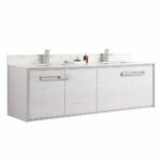 The Oakville 72 inch Modern Bathroom Vanity showcases a floating design in light wood, white countertop, dual sinks with silver faucets, four cabinet doors, backsplash, and small toiletries arranged between the sinks.