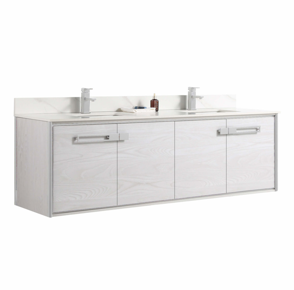 The Oakville 72 inch Modern Bathroom Vanity showcases a floating design in light wood, white countertop, dual sinks with silver faucets, four cabinet doors, backsplash, and small toiletries arranged between the sinks.