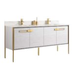 The Oakville 72 inch Modern Bathroom Vanity features a double-sink design, white wood finish, gold metal handles and fixtures, slim gold legs, and a white countertop with an integrated backsplash.