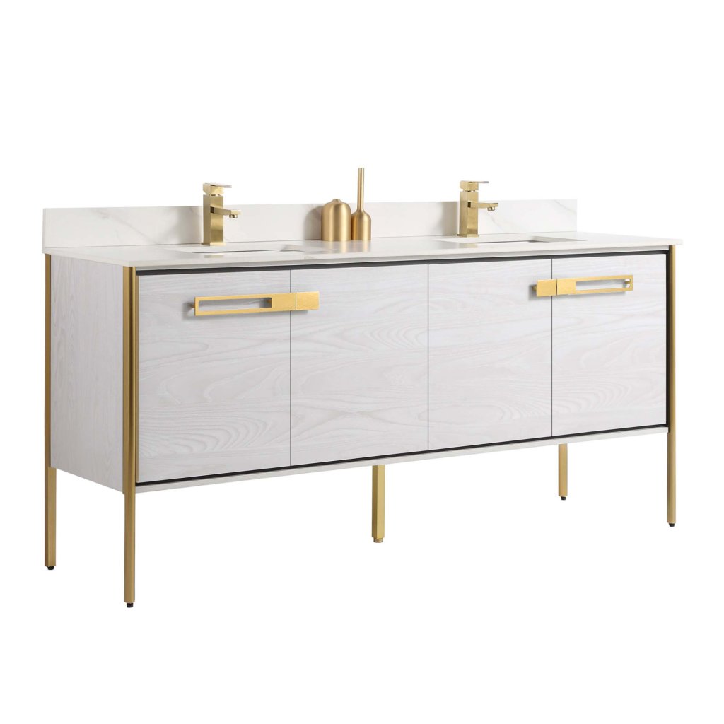 The Oakville 72 inch Modern Bathroom Vanity features a double-sink design, white wood finish, gold metal handles and fixtures, slim gold legs, and a white countertop with an integrated backsplash.