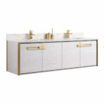 The Oakville 72 inch Modern Bathroom Vanity offers a floating design, white wood finish, gold handles and faucets, dual sinks, and a white backsplash for a sleek, minimalist look that elevates any bathroom.