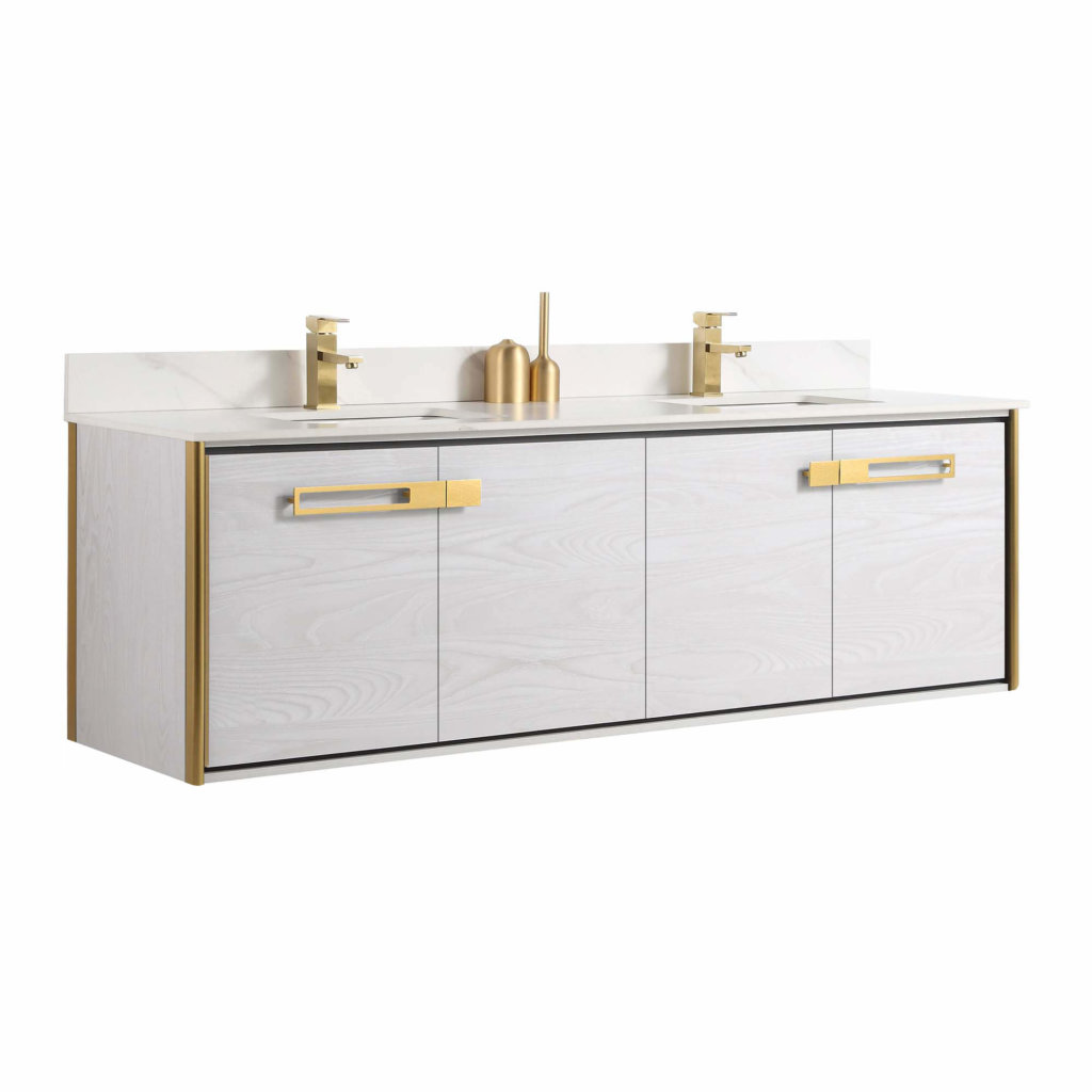 The Oakville 72 inch Modern Bathroom Vanity offers a floating design, white wood finish, gold handles and faucets, dual sinks, and a white backsplash for a sleek, minimalist look that elevates any bathroom.