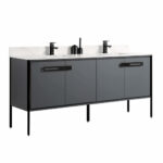 The Oakville 72 inch Modern Bathroom Vanity boasts a double-sink with a white countertop, two black faucets, grey cabinet doors, black handles, and slim black legs for an elegant modern look.