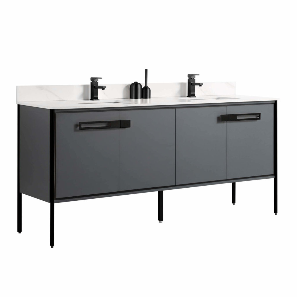 The Oakville 72 inch Modern Bathroom Vanity boasts a double-sink with a white countertop, two black faucets, grey cabinet doors, black handles, and slim black legs for an elegant modern look.