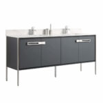 The Oakville 72 inch Modern Bathroom Vanity offers a double sink setup with a gray cabinet, sleek metal handles, white countertop, two faucets, and a central divider for a contemporary look.
