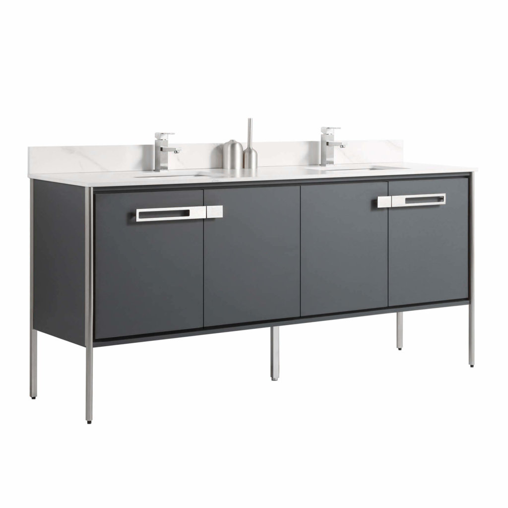 The Oakville 72 inch Modern Bathroom Vanity offers a double sink setup with a gray cabinet, sleek metal handles, white countertop, two faucets, and a central divider for a contemporary look.