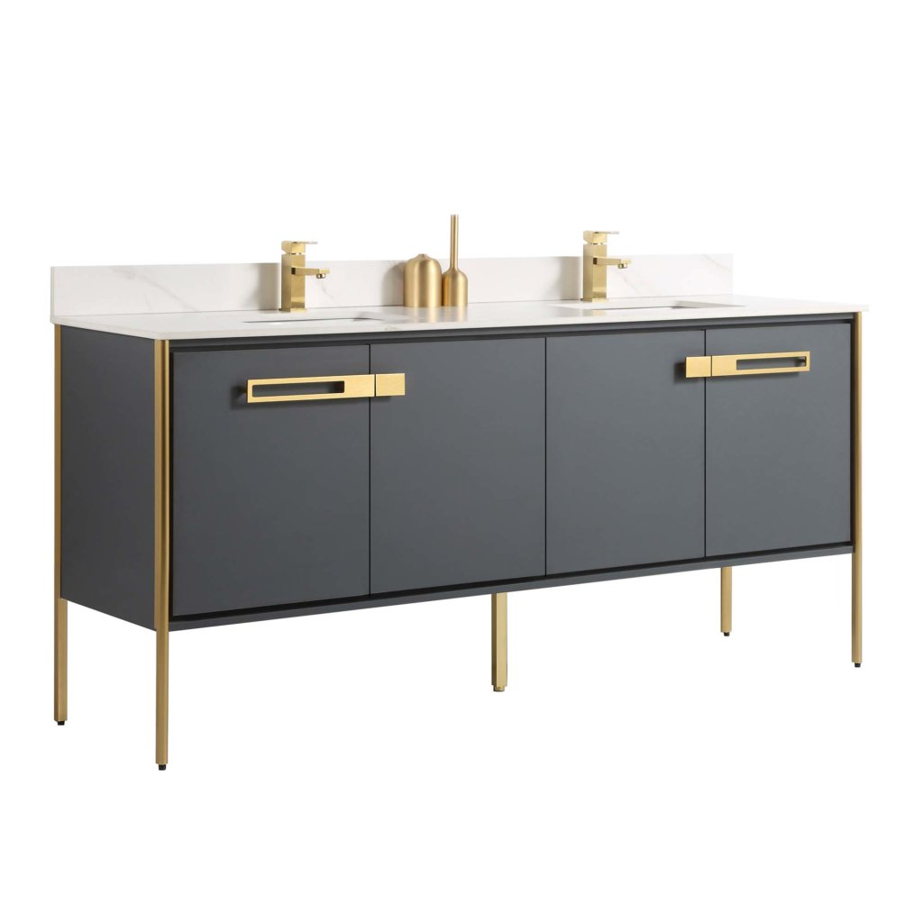 The Oakville 72 inch Modern Bathroom Vanity offers a double sink setup with a gray cabinet, satin brass handles, white countertop, two faucets, and a central divider for a contemporary look.
