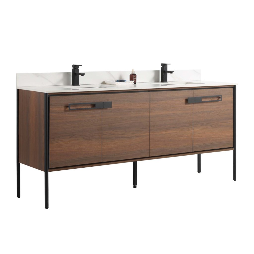 The Oakville 72 inch Modern Bathroom Vanity features a sleek double-sink design with a white countertop, black faucets, wooden cabinets with black handles and slim legs, plus a soap dispenser and toothbrush holder on the counter.