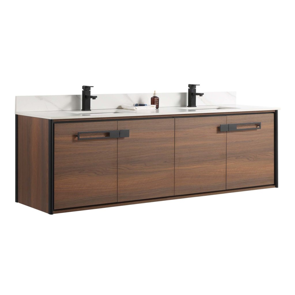 The Oakville 72 inch Modern Bathroom Vanity offers a wall-mounted double sink design with a wood finish, black handles, dual faucets, white countertop, marble backsplash, and space for toiletries between the sinks.