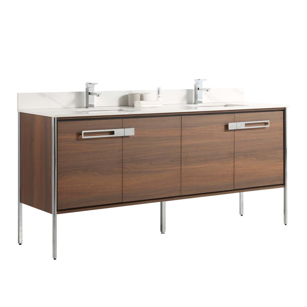 The Oakville 72 inch Modern Bathroom Vanity features a double sink, white countertop, two chrome faucets, and a wooden cabinet with sleek metal handles and legs.