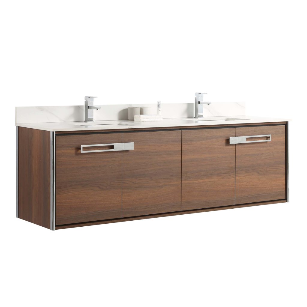 A modern wall-mounted bathroom vanity with a wood finish, double sinks, chrome faucets, and horizontal handles. A white countertop and backsplash complete the sleek, minimalist design.