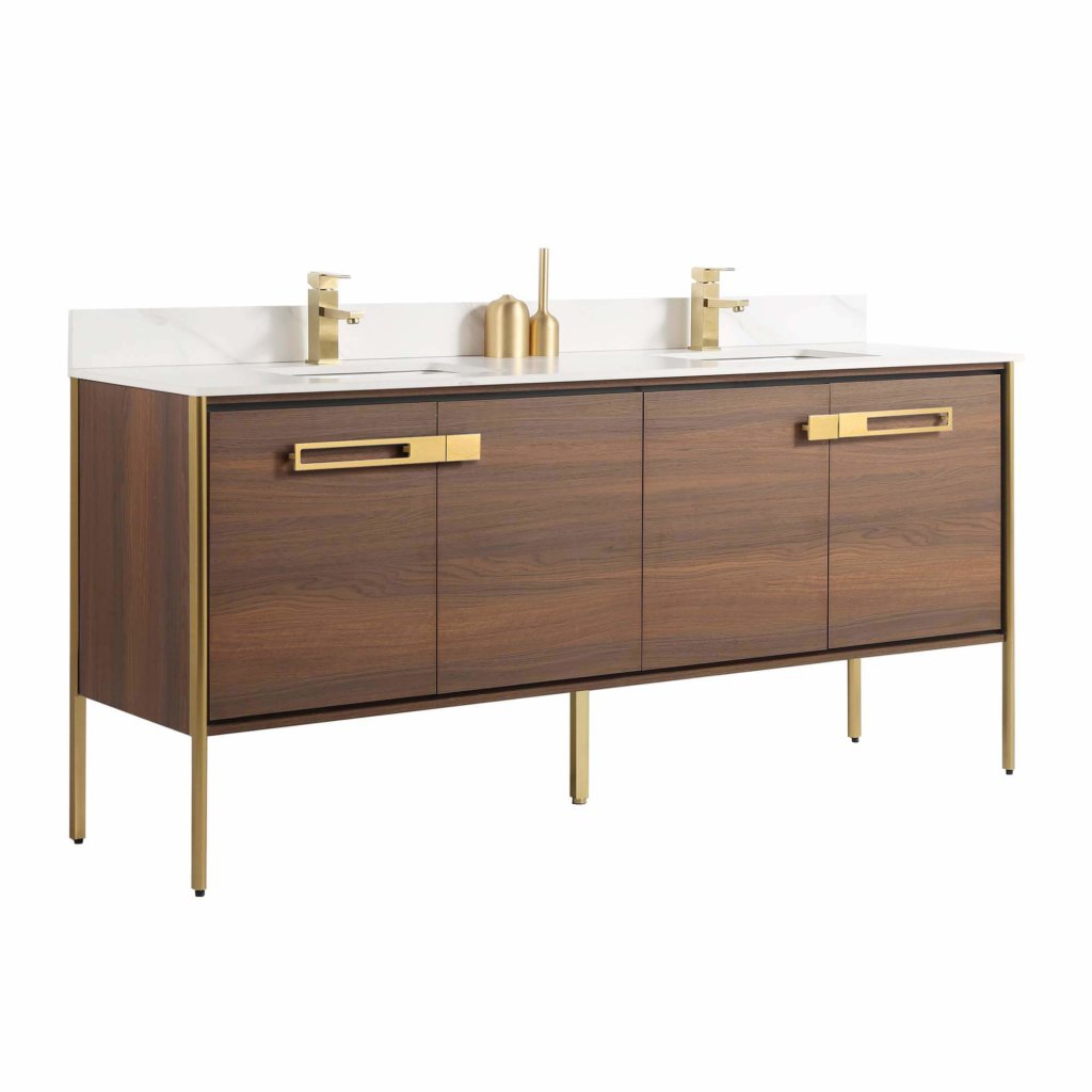 The Oakville 72 inch Modern Bathroom Vanity has a double sink, white countertop, two gold faucets, wooden cabinet doors, gold handles and legs, plus a decorative gold accent between the sinks.