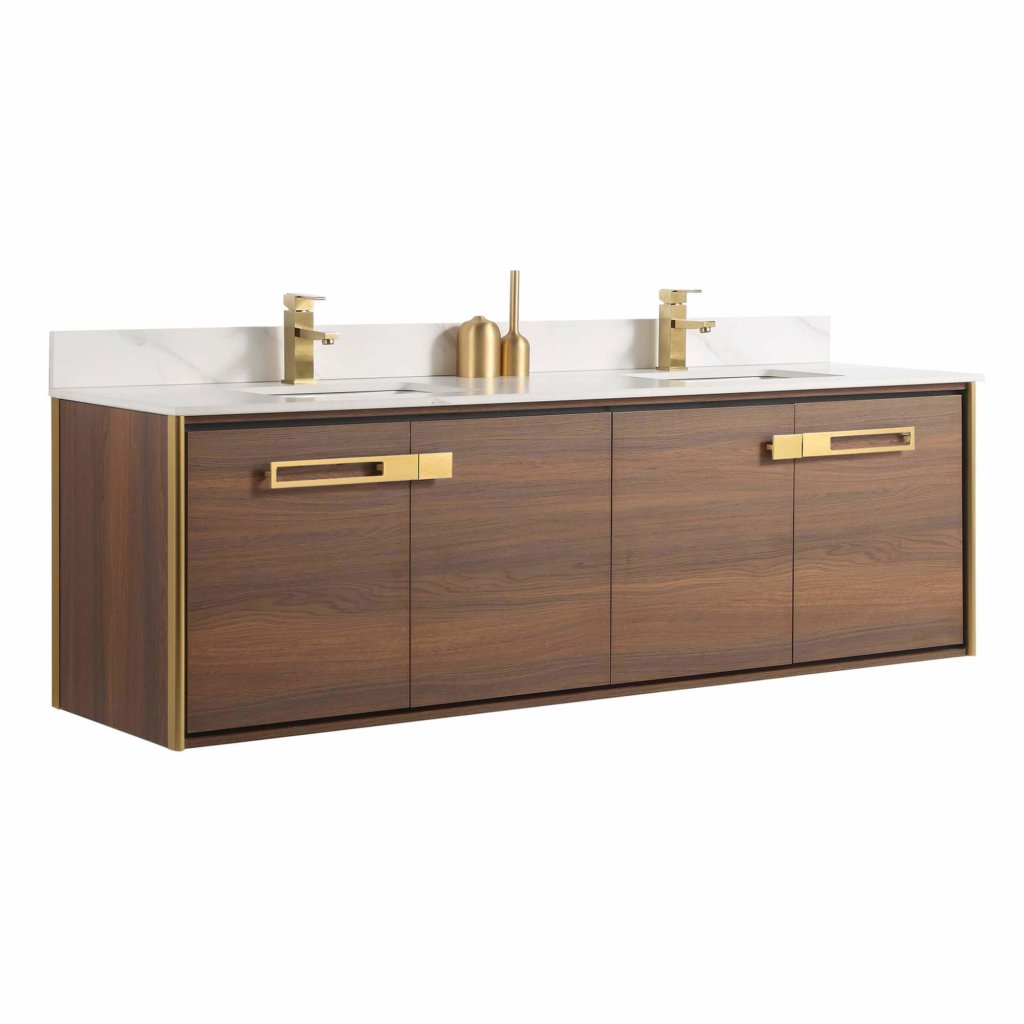 The Oakville 72 inch Modern Bathroom Vanity is a wall-mounted unit with a wood finish, gold handles, two sinks, gold faucets, a white countertop, and matching backsplash.