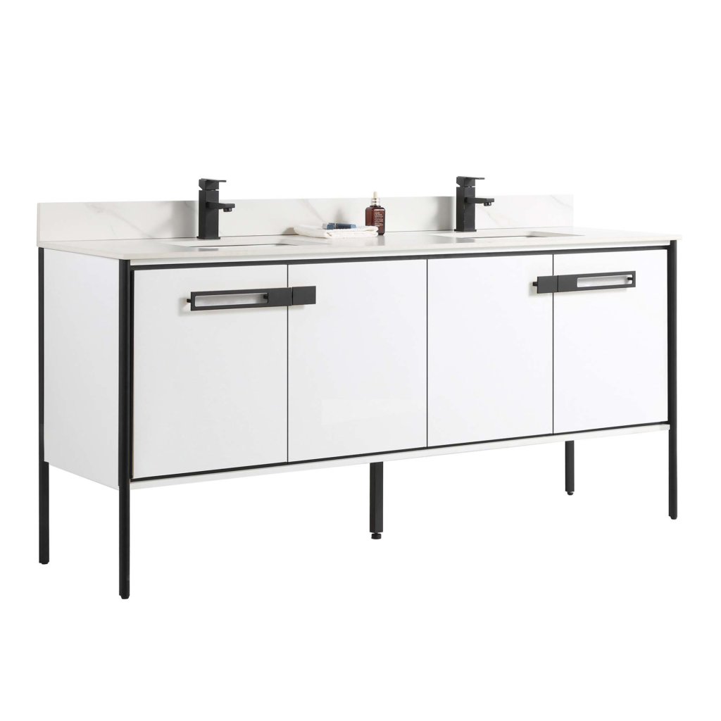 The Oakville 72 inch Modern Bathroom Vanity is a sleek white double-sink unit with black legs and handles, featuring four cabinet doors, two drawers, a white countertop, two black faucets, and bathroom essentials on top.