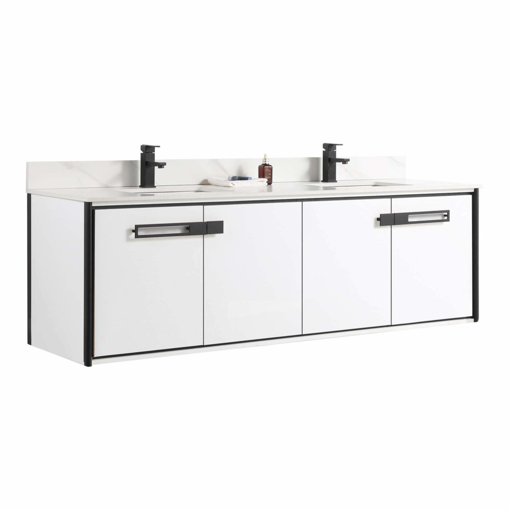 The Oakville 72 inch Modern Bathroom Vanity offers a double layout with two black faucets, a white countertop, and glossy white cabinet doors with black handles. Small items between the sinks add to its sleek, minimalistic appeal.