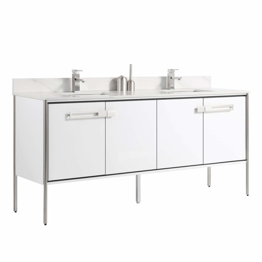 The Oakville 72 inch Modern Bathroom Vanity features a double-sink design with a white countertop, dual faucets, and sleek white doors accented by silver handles on a strong metal frame.