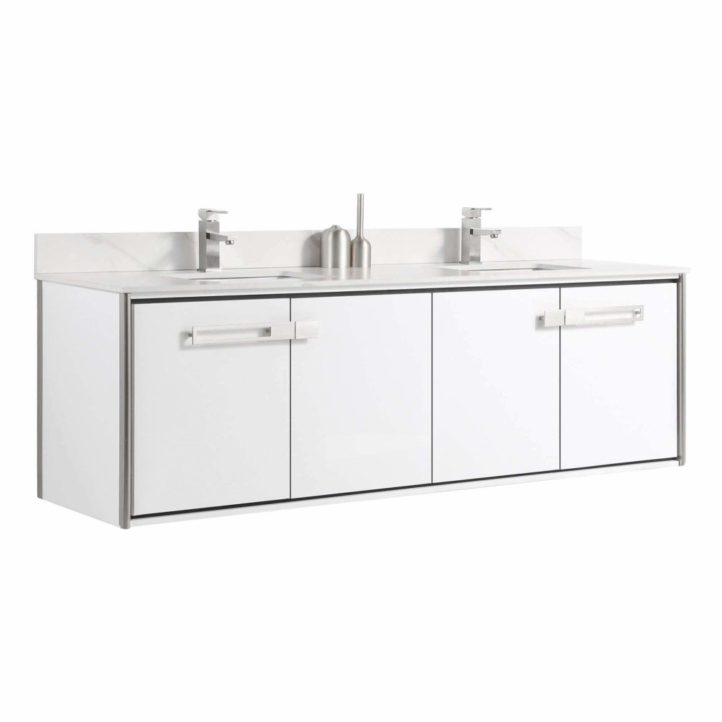 The Oakville 72 inch Modern Bathroom Vanity offers a sleek, wall-mounted design with four doors, two rectangular sinks, chrome faucets, and a white countertop and backsplash for a minimalist, contemporary look.