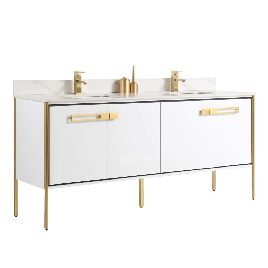 The Oakville 72 inch Modern Bathroom Vanity features a white finish, gold metal handles, sleek gold legs, a minimalist double-sink design, a white countertop, and two under-mount sinks.
